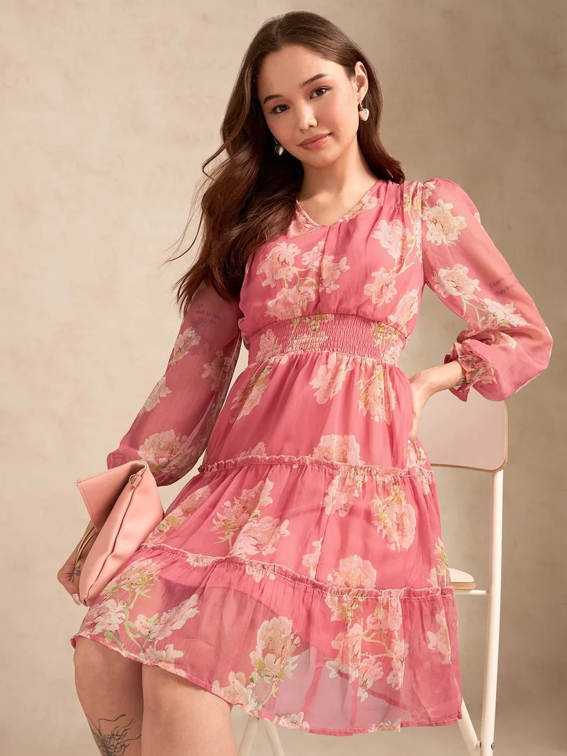 Outzidr pink Pink Printed Full Sleeves Waist Smoked Dress for Women | Best Price UAE